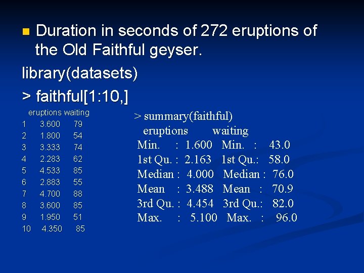 Duration in seconds of 272 eruptions of the Old Faithful geyser. library(datasets) > faithful[1: