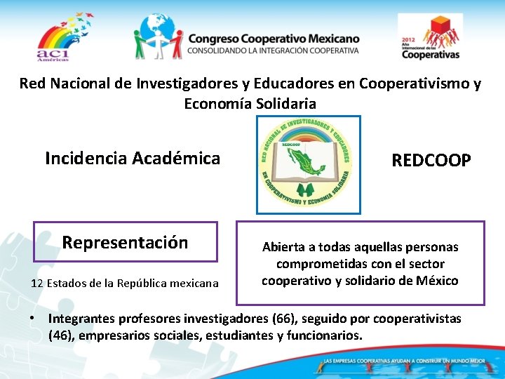 Red Nacional de Investigadores y Educadores en Cooperativismo y Economía Solidaria Incidencia Académica Representación