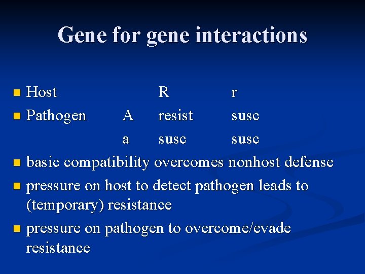 Gene for gene interactions Host n Pathogen R r A resist susc n a