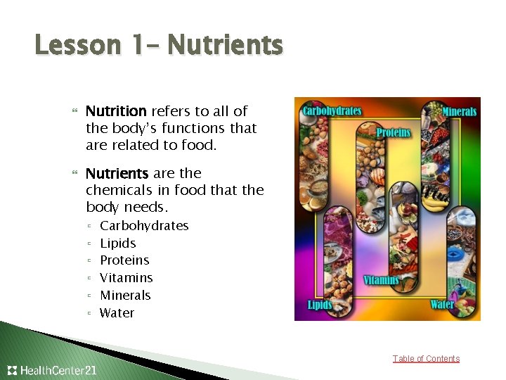 Lesson 1– Nutrients Nutrition refers to all of the body’s functions that are related