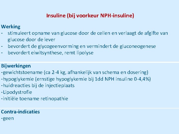 Insuline (bij voorkeur NPH-insuline) Werking - stimuleert opname van glucose door de cellen en