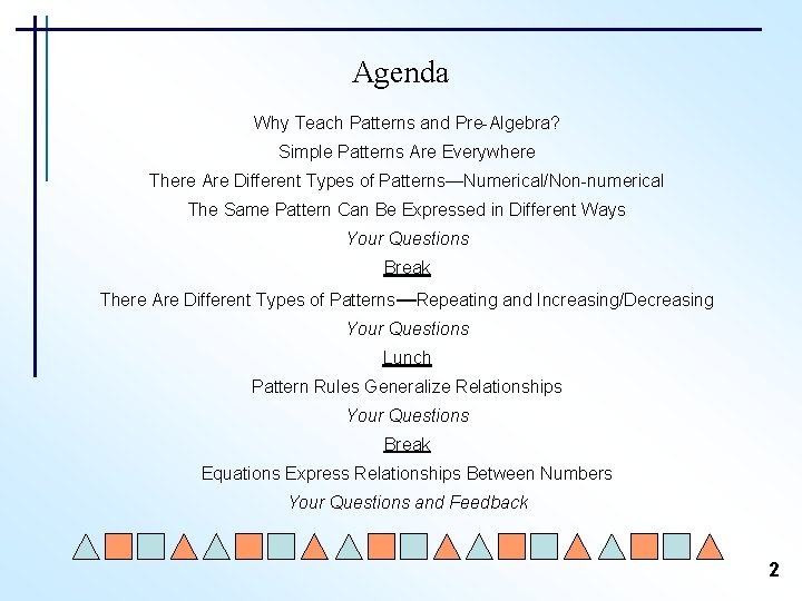 Agenda Why Teach Patterns and Pre-Algebra? Simple Patterns Are Everywhere There Are Different Types