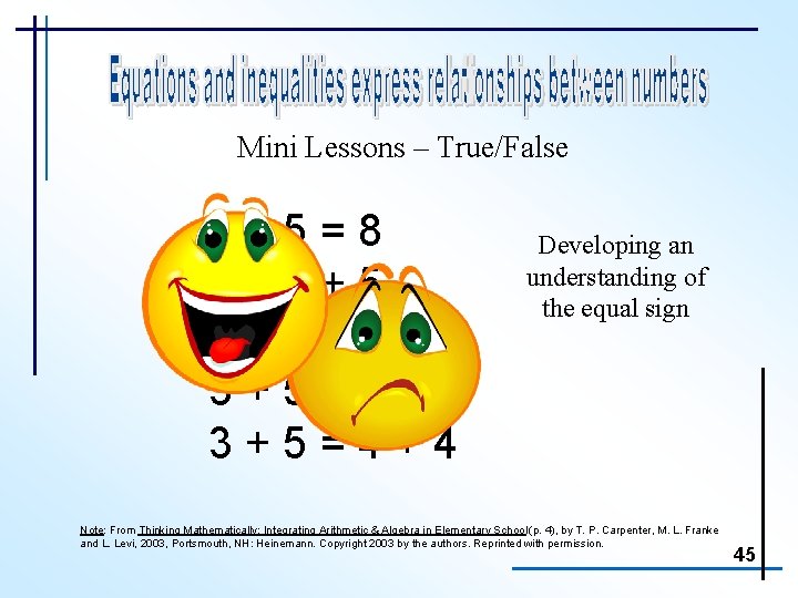 Mini Lessons – True/False 3+5=8 8=3+5 8=8 3+5=5+3 3+5=4+4 Developing an understanding of the