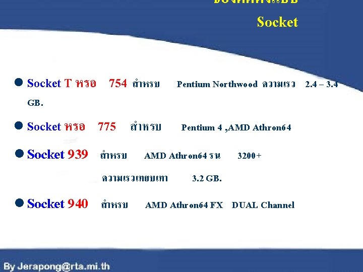 ชองตดตงแบบ Socket l Socket T หรอ GB. l Socket หรอ 754 สำหรบ 775 สำหรบ