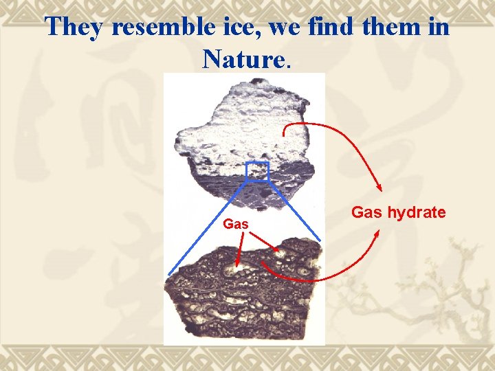 They resemble ice, we find them in Nature. Gas hydrate 