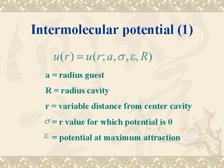 Intermolecular potential (1) a = radius guest R = radius cavity r = variable