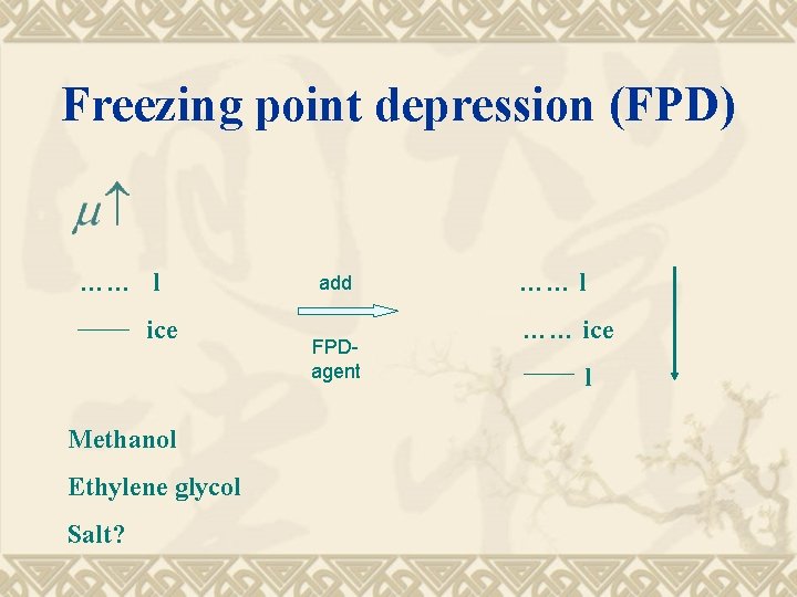 Freezing point depression (FPD) …… l ice Methanol Ethylene glycol Salt? add FPDagent ……