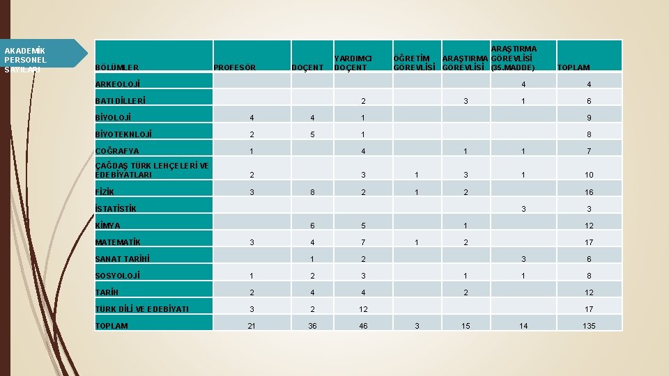 AKADEMİK PERSONEL SAYILARI BÖLÜMLER PROFESÖR DOÇENT YARDIMCI DOÇENT ARAŞTIRMA ÖĞRETİM ARAŞTIRMA GÖREVLİSİ (35. MADDE)