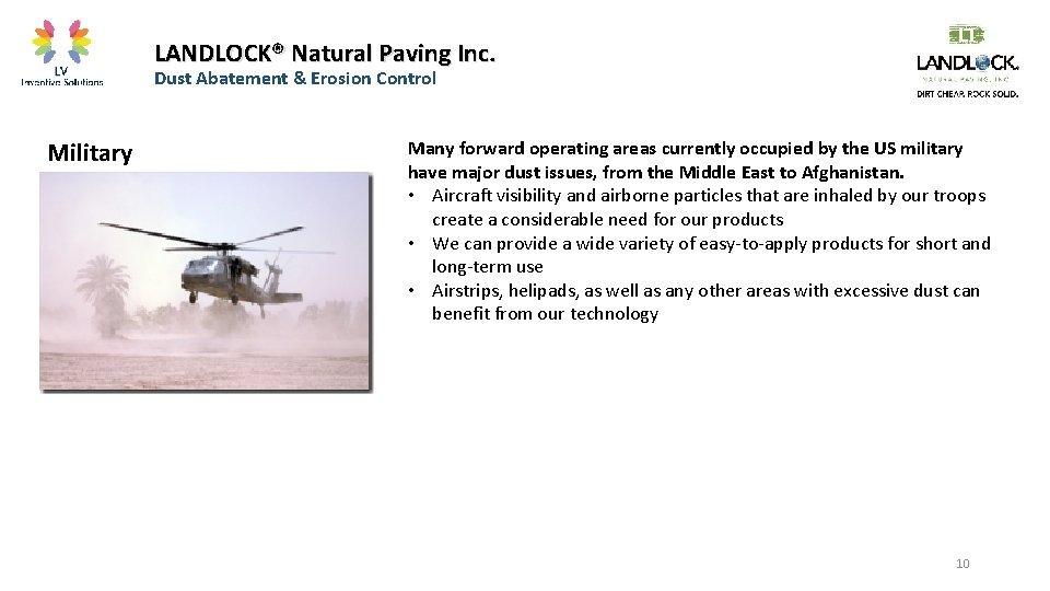 LANDLOCK® Natural Paving Inc. Dust Abatement & Erosion Control Military Many forward operating areas