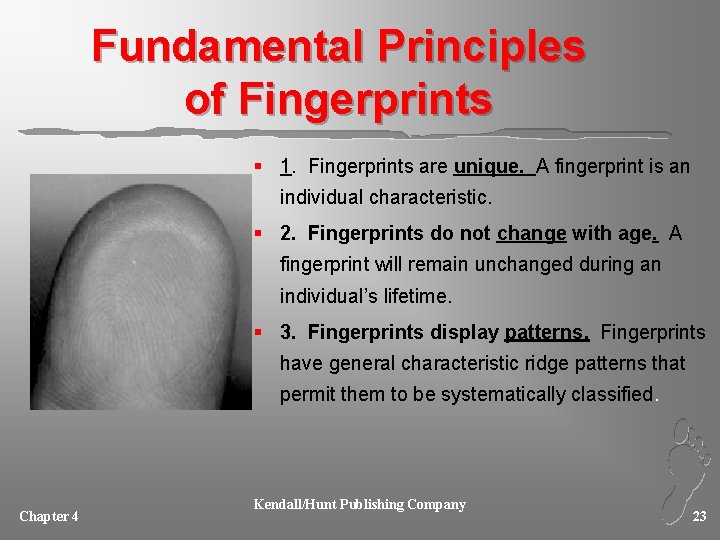 Fundamental Principles of Fingerprints § 1. Fingerprints are unique. A fingerprint is an individual