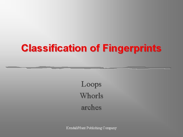 Classification of Fingerprints Loops Whorls arches Kendall/Hunt Publishing Company 