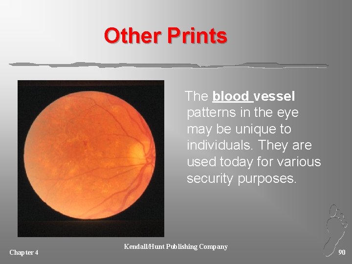 Other Prints The blood vessel patterns in the eye may be unique to individuals.