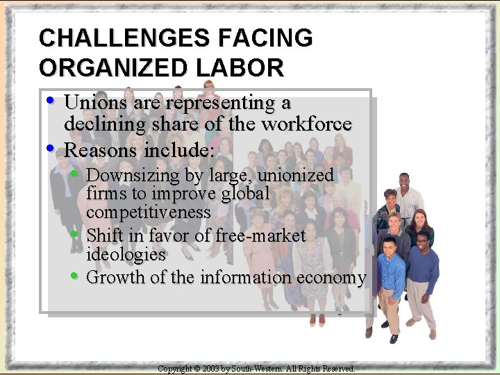 CHALLENGES FACING ORGANIZED LABOR • Unions are representing a • declining share of the