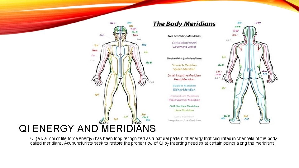 QI ENERGY AND MERIDIANS Qi (a. k. a. chi or life-force energy) has been