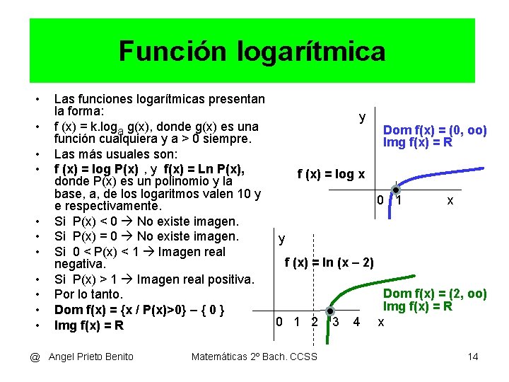 Función logarítmica • • • Las funciones logarítmicas presentan la forma: y f (x)