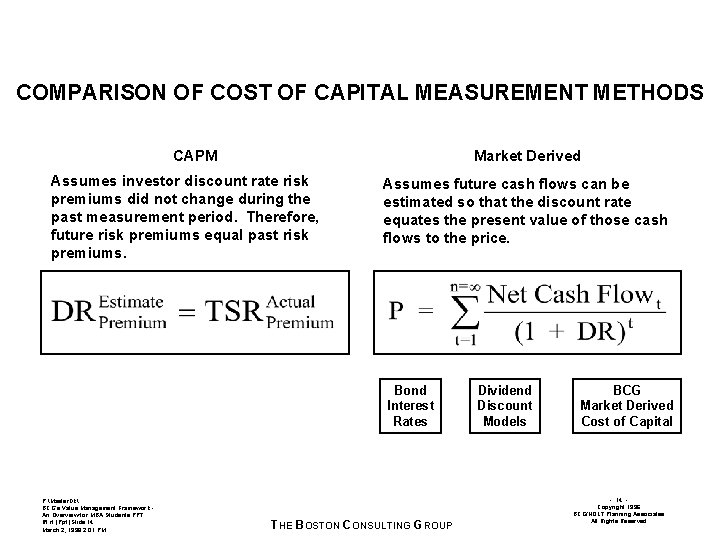 COMPARISON OF COST OF CAPITAL MEASUREMENT METHODS CAPM Market Derived Assumes investor discount rate