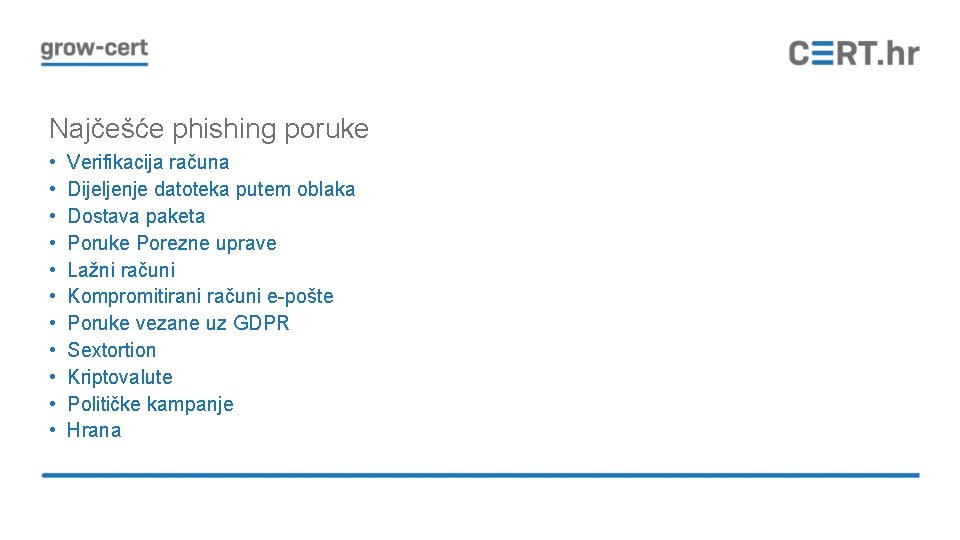 Najčešće phishing poruke • • • Verifikacija računa Dijeljenje datoteka putem oblaka Dostava paketa