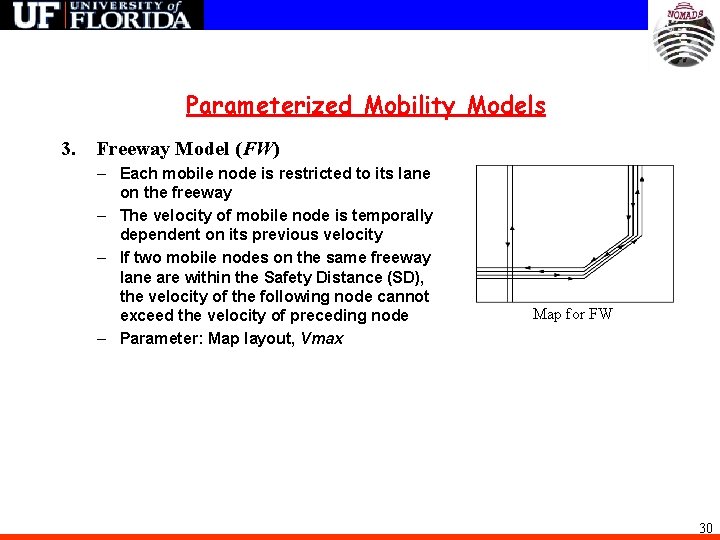 Parameterized Mobility Models 3. Freeway Model (FW) – Each mobile node is restricted to