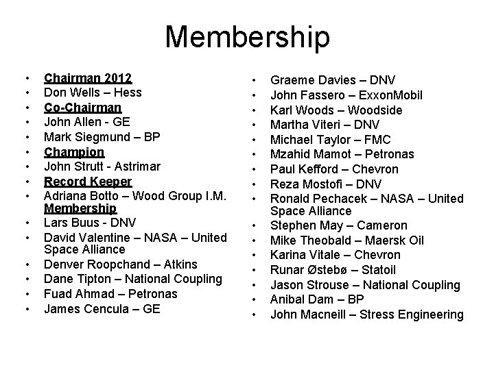 Membership • • • • Chairman 2012 Don Wells – Hess Co-Chairman John Allen