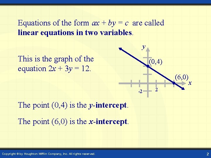 Equations of the form ax + by = c are called linear equations in