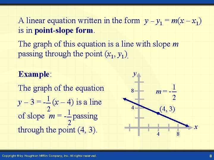 A linear equation written in the form y – y 1 = m(x –