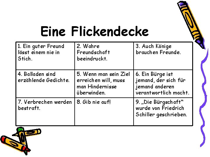 Eine Flickendecke 1. Ein guter Freund lässt einem nie in Stich. 2. Wahre Freundschaft