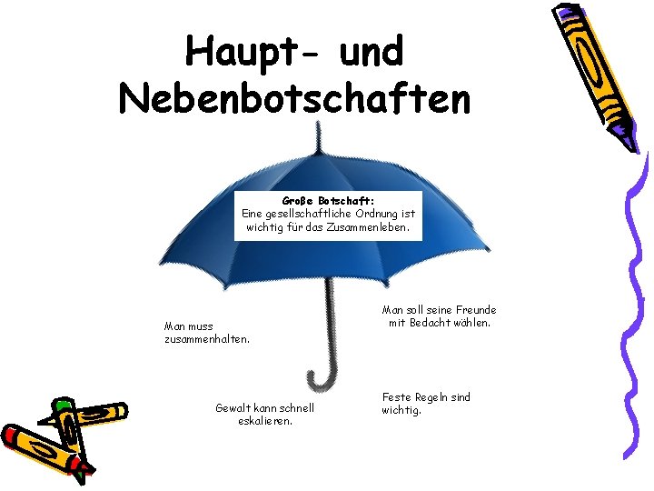 Haupt- und Nebenbotschaften Große Botschaft: Eine gesellschaftliche Ordnung ist wichtig für das Zusammenleben. Man