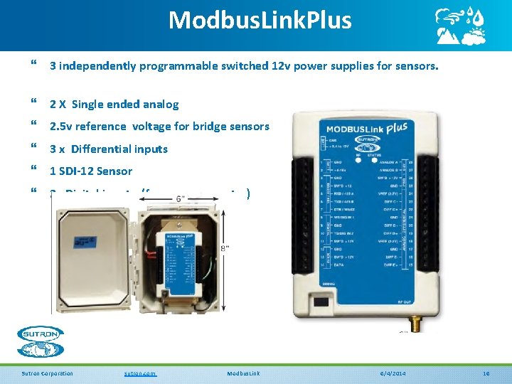 Modbus. Link. Plus } 3 independently programmable switched 12 v power supplies for sensors.