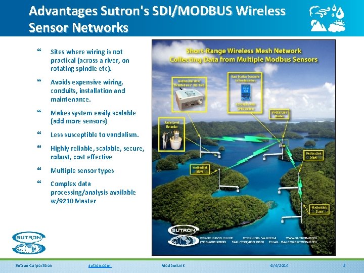 Advantages Sutron's SDI/MODBUS Wireless Sensor Networks } Sites where wiring is not practical (across