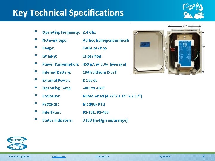 Key Technical Specifications Sutron Corporation } Operating Frequency: 2. 4 Ghz } Network type: