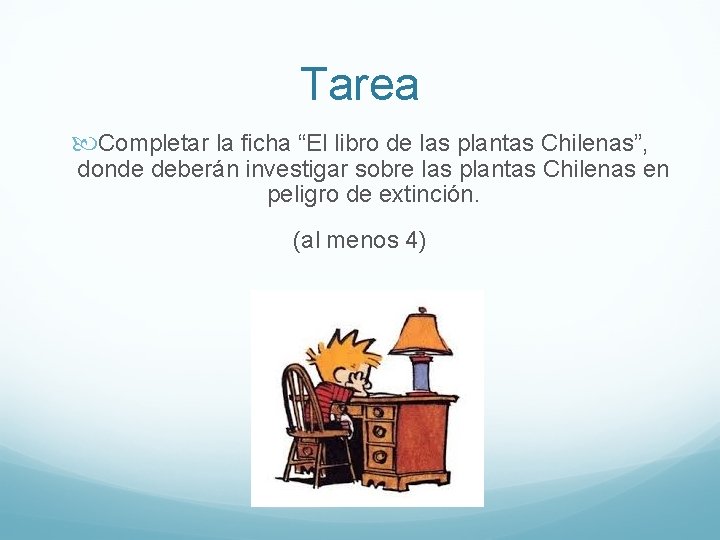 Tarea Completar la ficha “El libro de las plantas Chilenas”, donde deberán investigar sobre