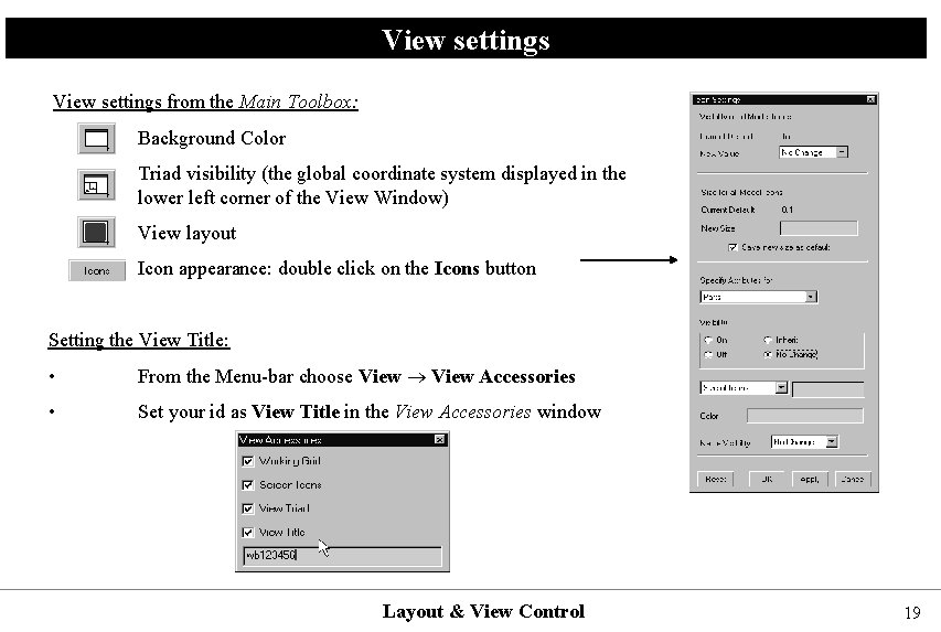 View settings from the Main Toolbox: Background Color Triad visibility (the global coordinate system