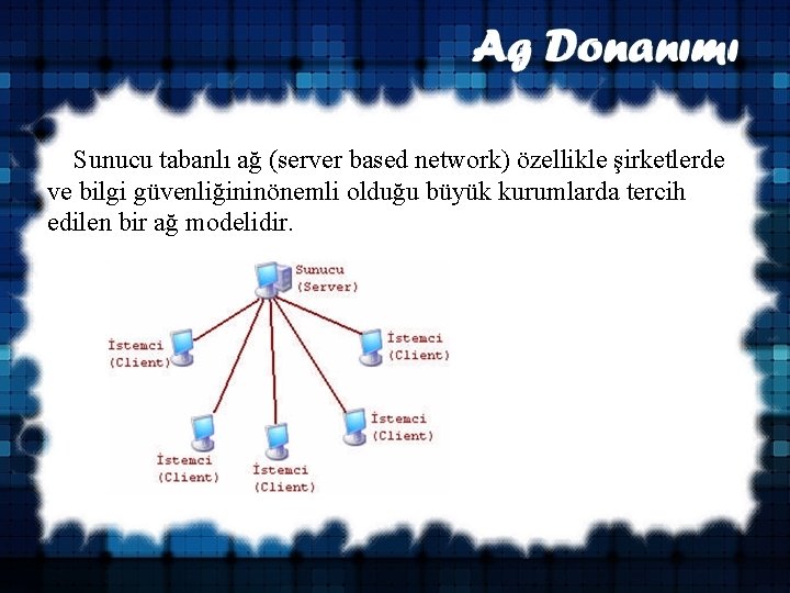  Sunucu tabanlı ağ (server based network) özellikle şirketlerde ve bilgi güvenliğininönemli olduğu büyük