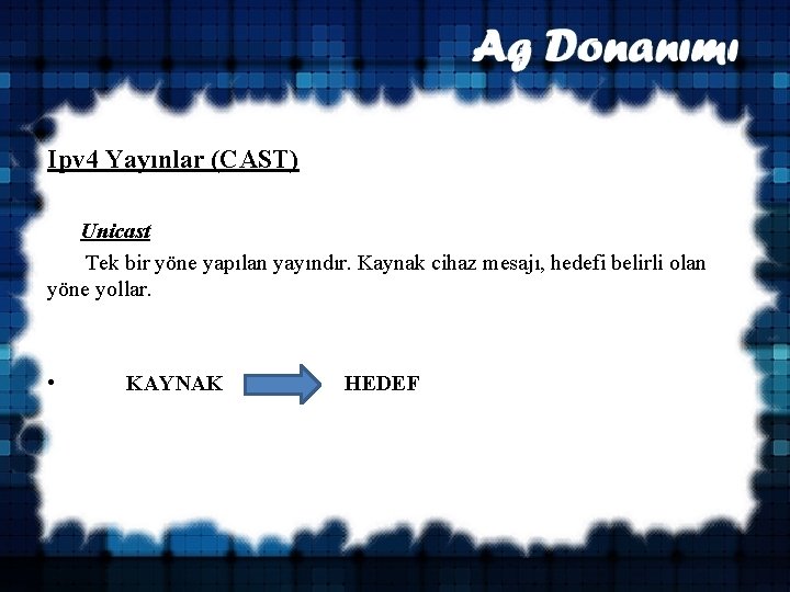 Ipv 4 Yayınlar (CAST) Unicast Tek bir yöne yapılan yayındır. Kaynak cihaz mesajı, hedefi