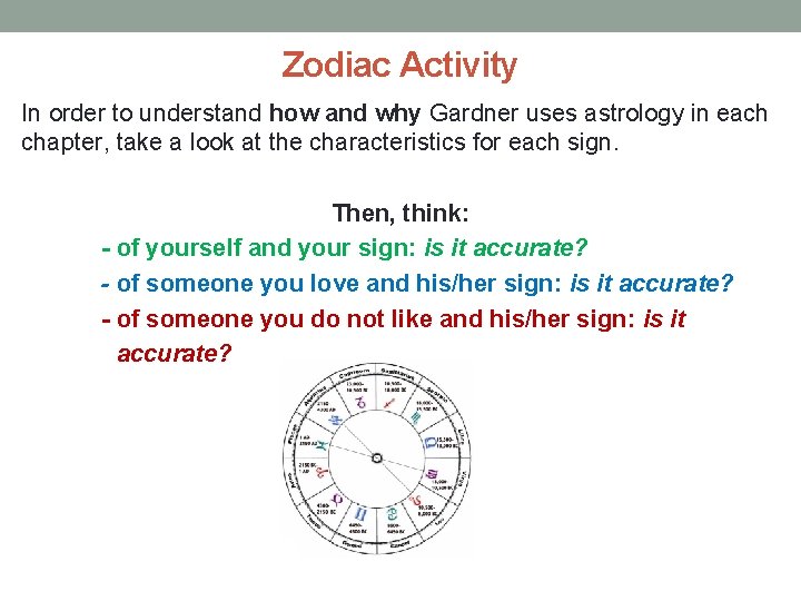 Zodiac Activity In order to understand how and why Gardner uses astrology in each