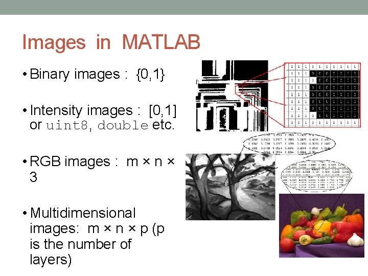 Images in MATLAB • Binary images : {0, 1} • Intensity images : [0, Images in MATLAB • Binary images : {0, 1} • Intensity images : [0,