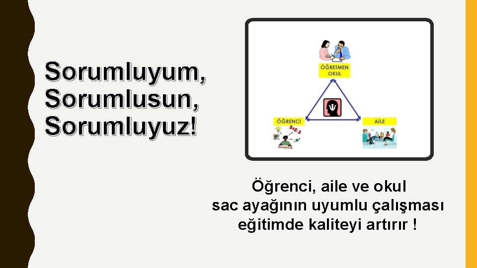 Sorumluyum, Sorumlusun, Sorumluyuz! Öğrenci, aile ve okul sac ayağının uyumlu çalışması eğitimde kaliteyi artırır