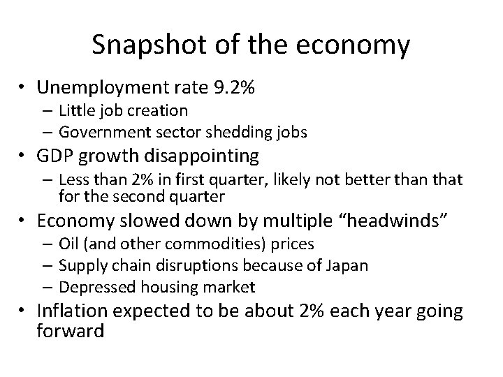 Snapshot of the economy • Unemployment rate 9. 2% – Little job creation –