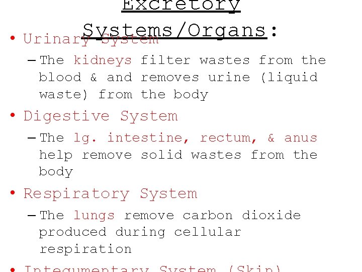 • Excretory Systems/Organs: Urinary System – The kidneys filter wastes from the blood  • Excretory Systems/Organs: Urinary System – The kidneys filter wastes from the blood