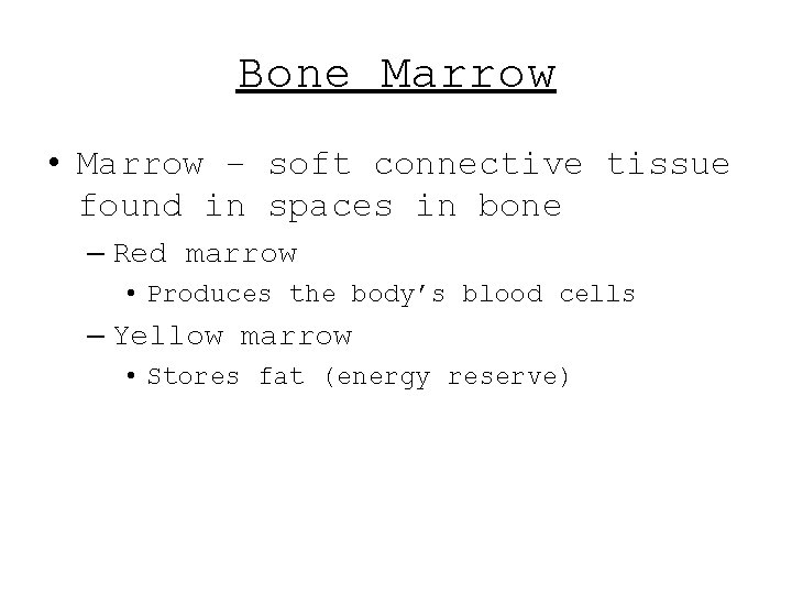 Bone Marrow • Marrow – soft connective tissue found in spaces in bone – Bone Marrow • Marrow – soft connective tissue found in spaces in bone –