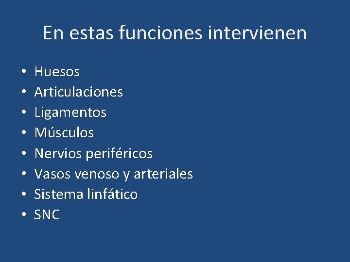 En estas funciones intervienen • • Huesos Articulaciones Ligamentos Músculos Nervios periféricos Vasos venoso