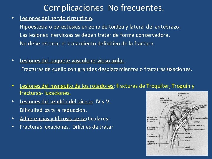 Complicaciones No frecuentes. • Lesiones del nervio circunflejo. Hipoestesia o parestesias en zona deltoidea