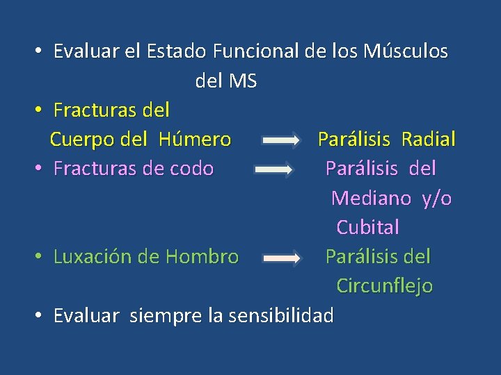  • Evaluar el Estado Funcional de los Músculos del MS • Fracturas del