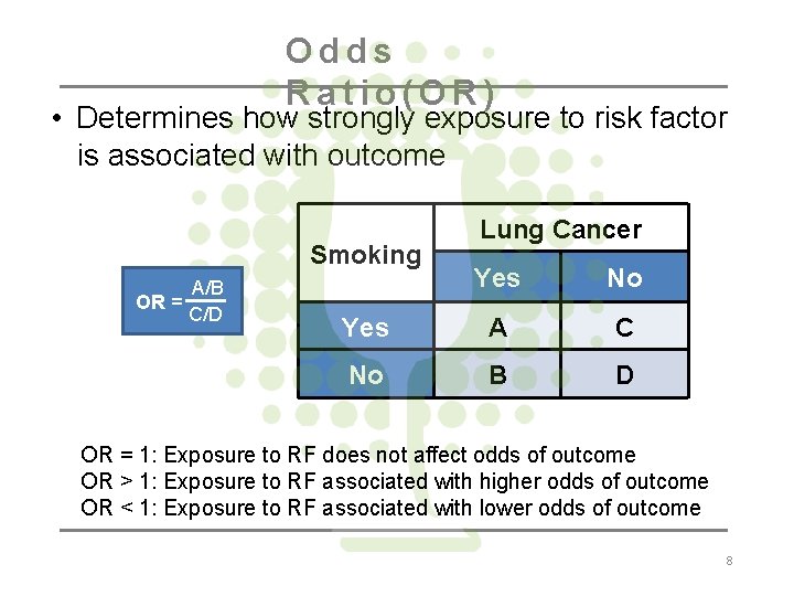 Odds Ratio(OR) • Determines how strongly exposure to risk factor is associated with outcome