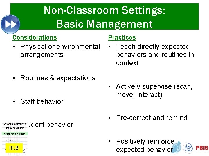 Non-Classroom Settings: Basic Management Considerations Practices • Physical or environmental • Teach directly expected