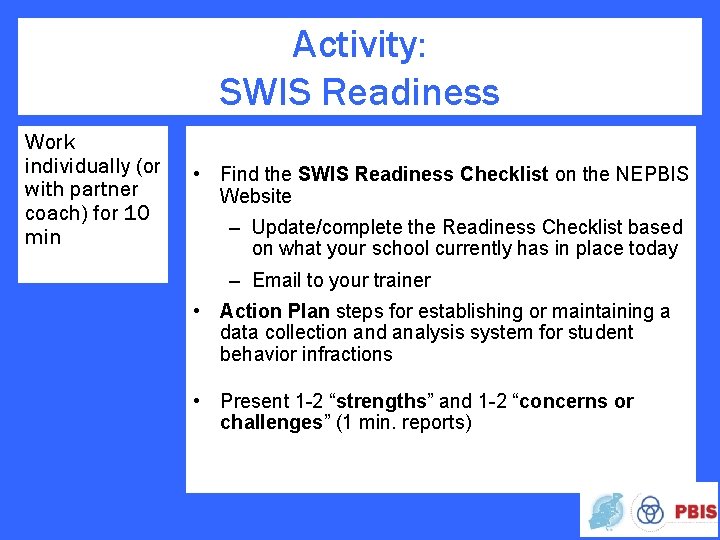 Activity: SWIS Readiness Work individually (or with partner coach) for 10 min • Find