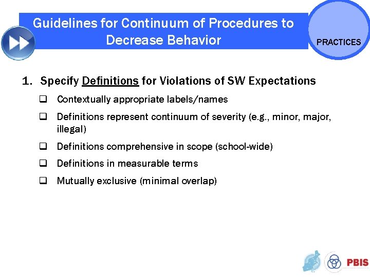 Guidelines for Continuum of Procedures to Decrease Behavior PRACTICES 1. Specify Definitions for Violations