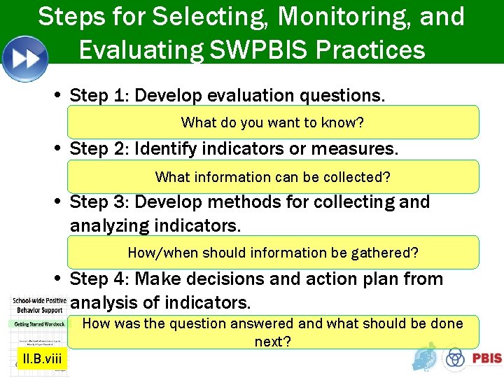 Steps for Selecting, Monitoring, and Evaluating SWPBIS Practices • Step 1: Develop evaluation questions.