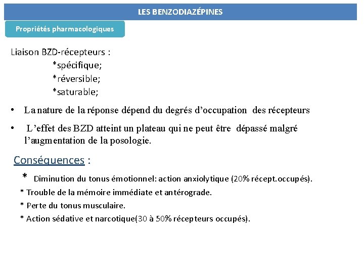  Propriétés pharmacologiques LES BENZODIAZÉPINES Liaison BZD-récepteurs : *spécifique; *réversible; *saturable; • La nature