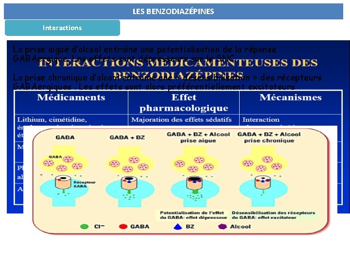 LES BENZODIAZÉPINES Interactions La prise aiguë d’alcool entraîne une potentialisation de la réponse GABAergique.